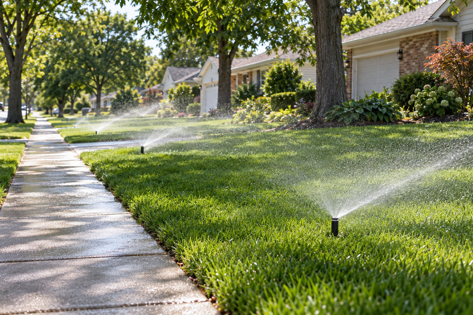Pop-up sprinklers running across several neighboring front lawns on a residential street