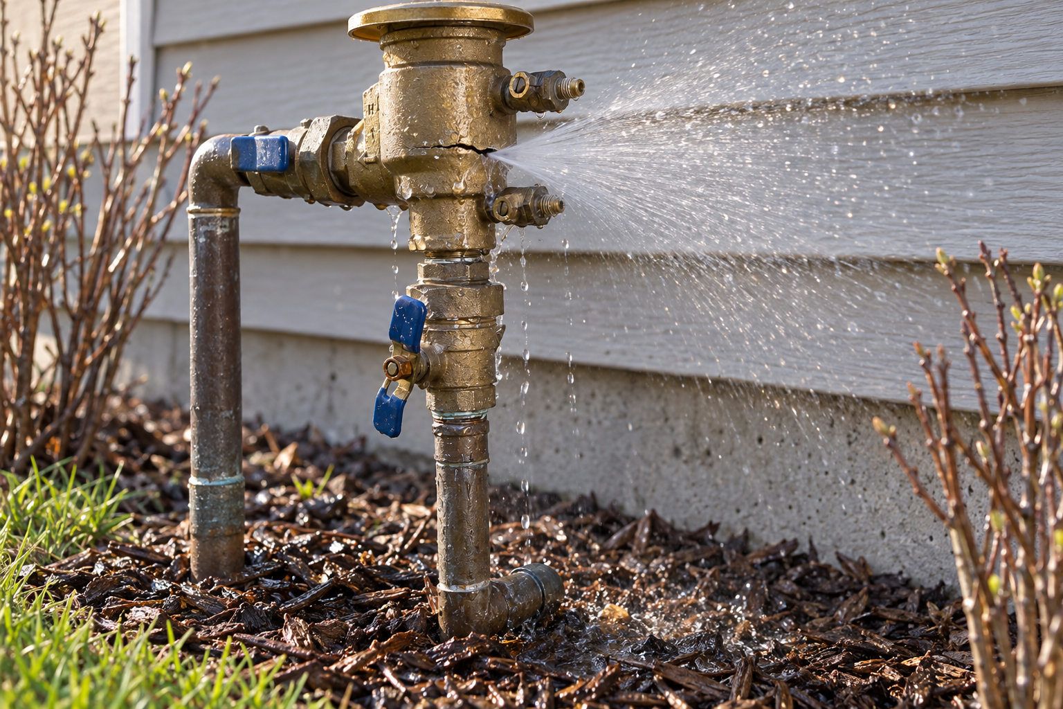Water spraying from a split in a brass backflow preventer beside a foundation at spring turn-on