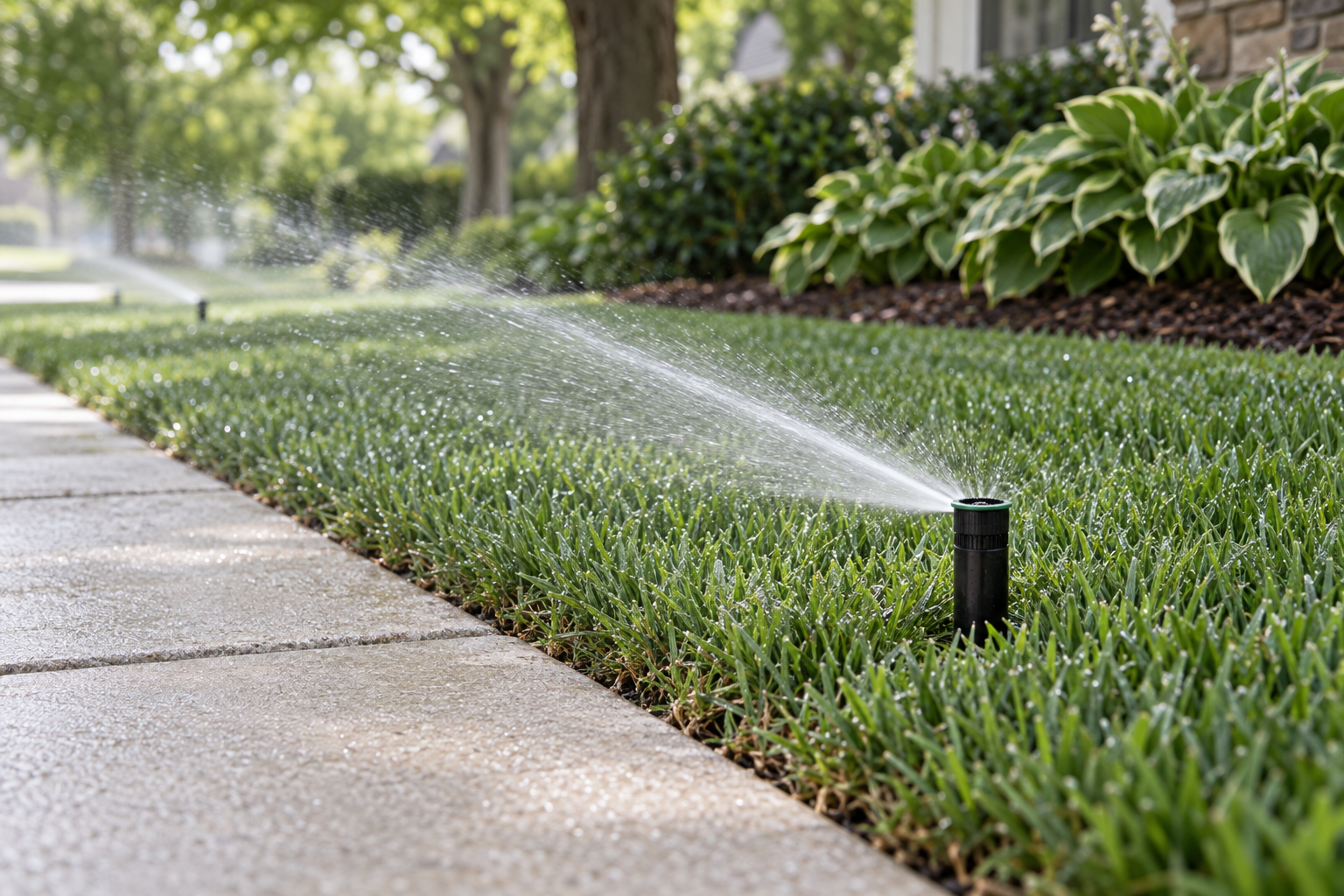A pop-up spray head watering a lawn edge beside a concrete front walk