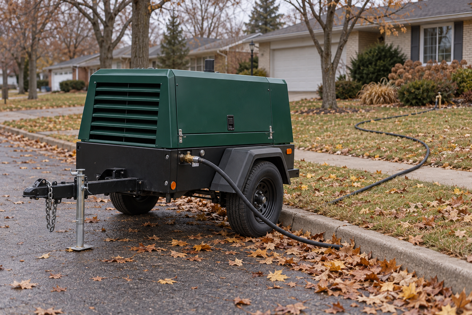 Tow-behind air compressor parked at the curb of a leaf-strewn residential street