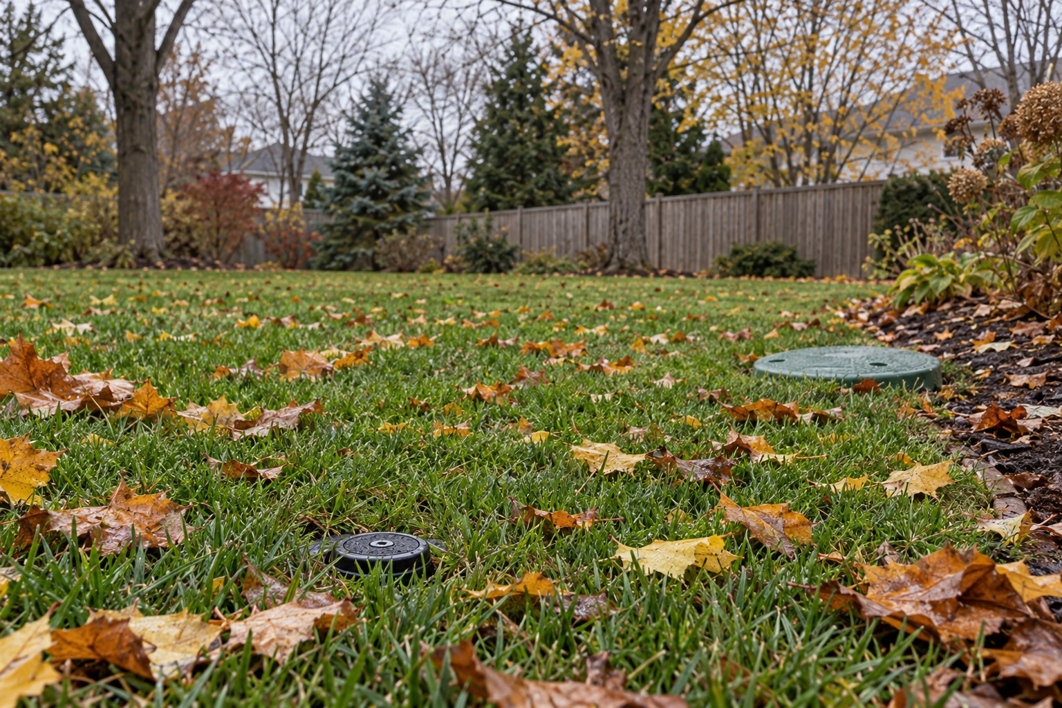 Fallen autumn leaves on a green lawn with a flush sprinkler head and a green valve box lid at the lawn edge