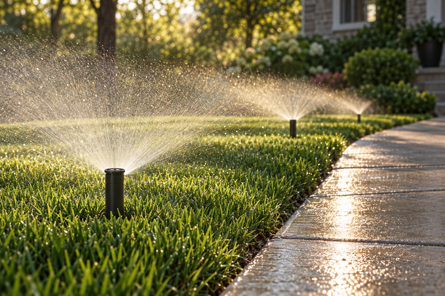 A row of pop-up spray heads running beside a curving concrete walk, backlit by low early-morning sun