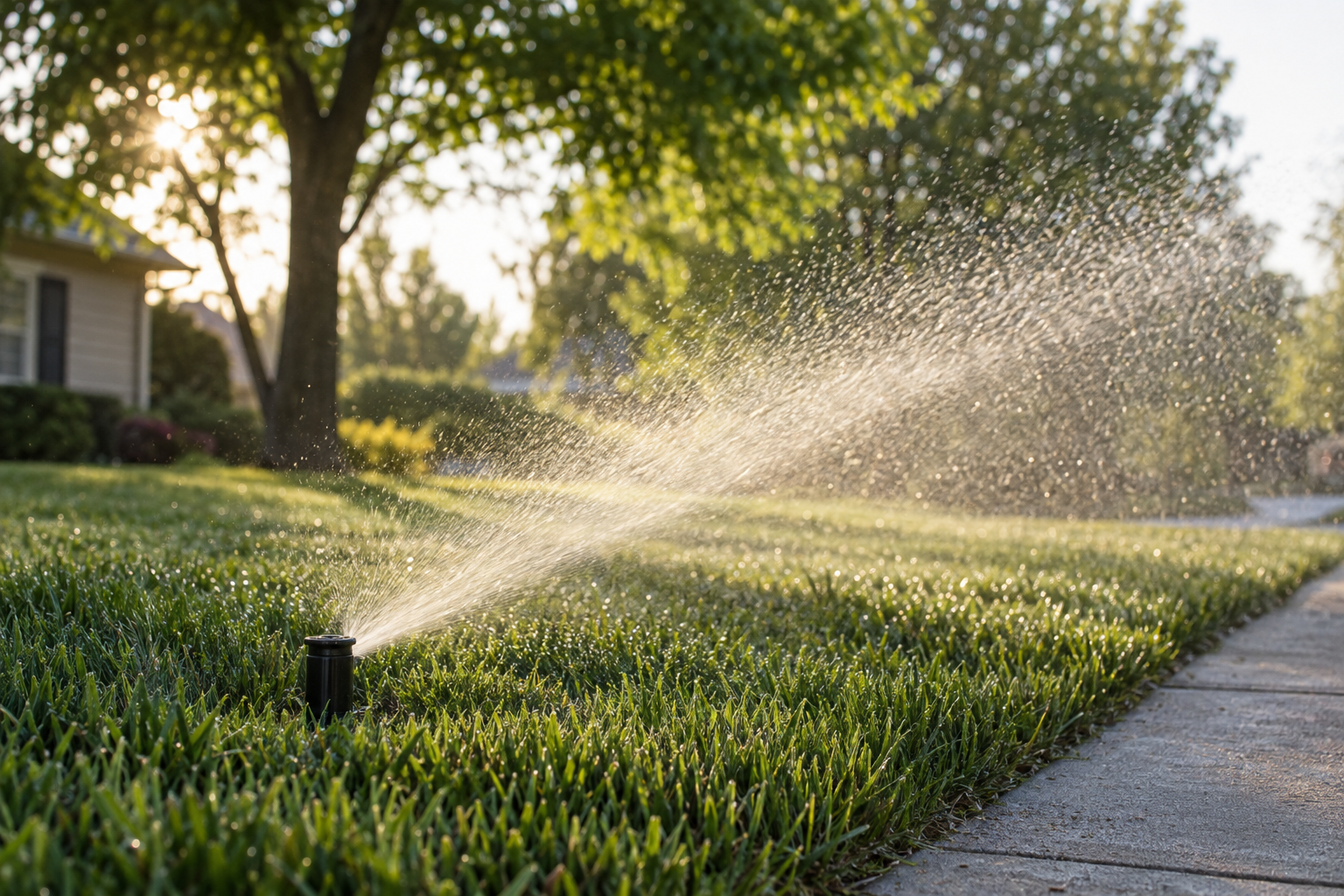A pop-up spray head watering a narrow strip of lawn in low early-morning sun, droplets catching the light