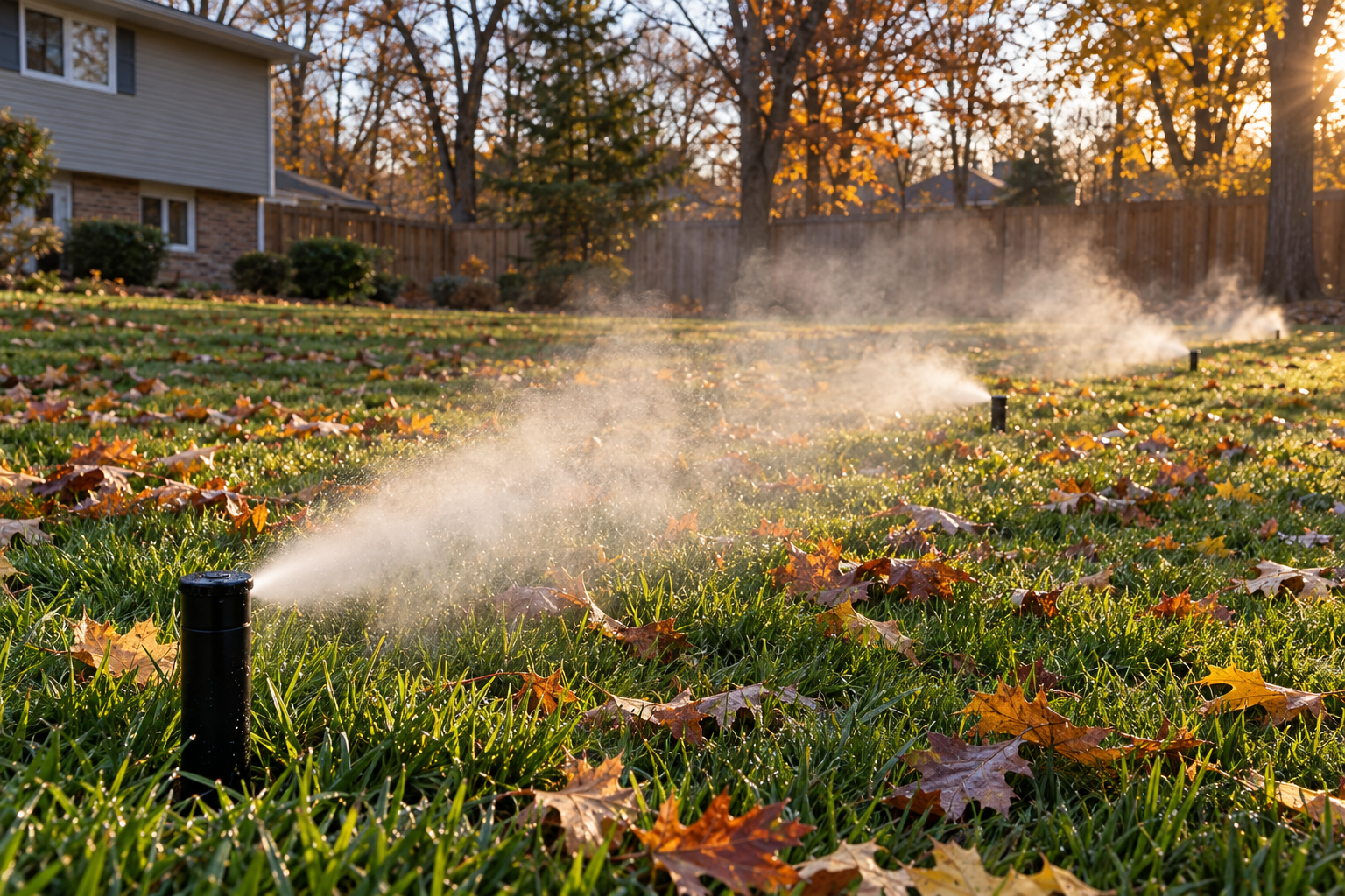 Pop-up spray heads sputtering mist across a leaf-strewn lawn during a fall sprinkler blow-out
