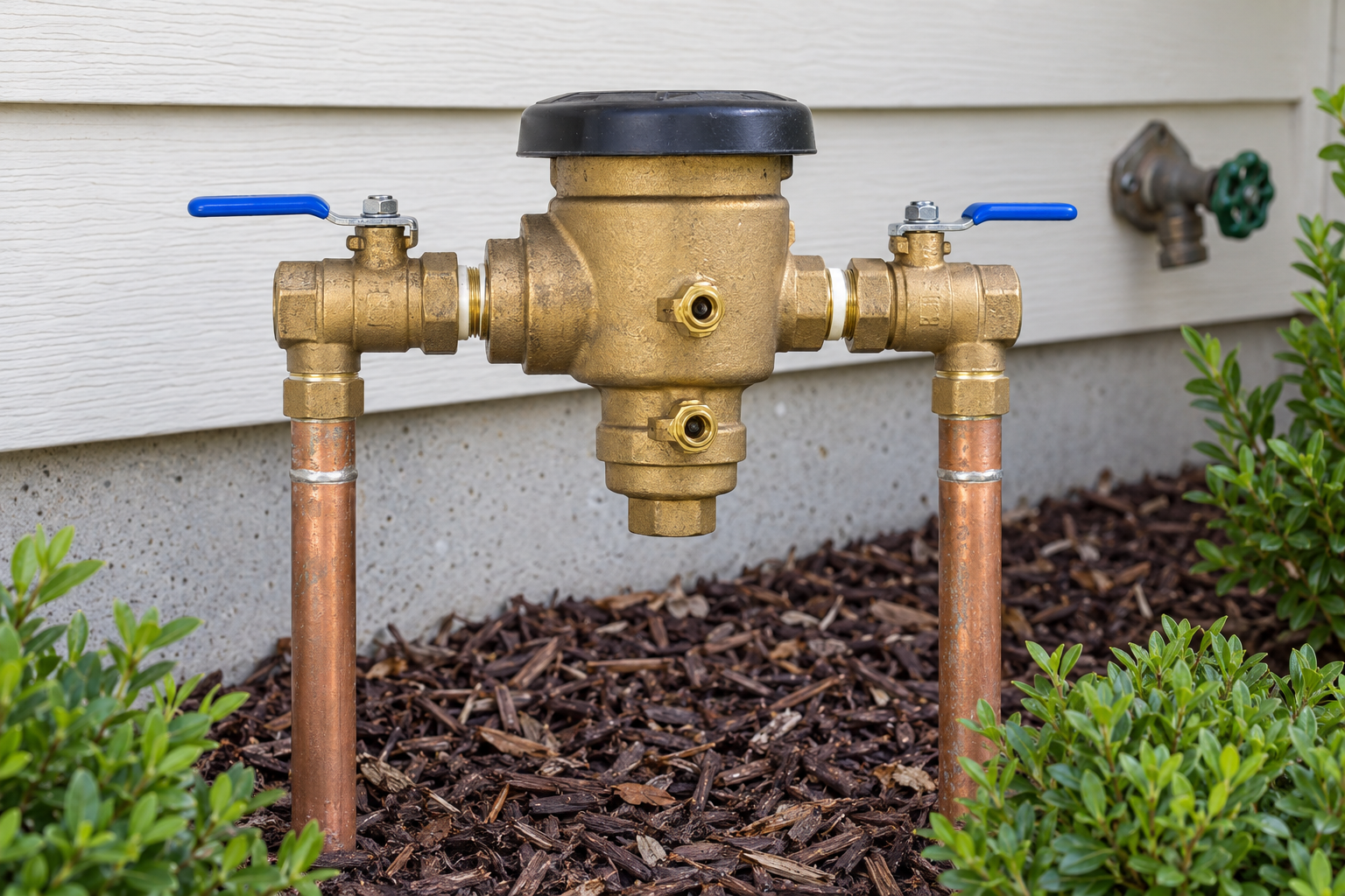 A brass pressure vacuum breaker on copper risers against a house foundation