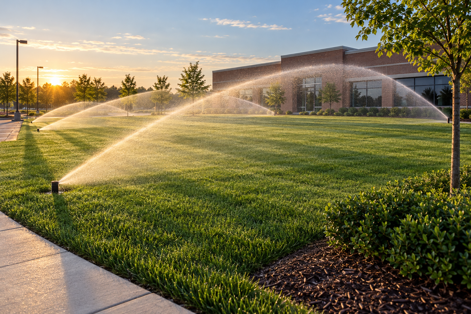 Large rotors running across a wide lawn in front of a low brick office building at dawn