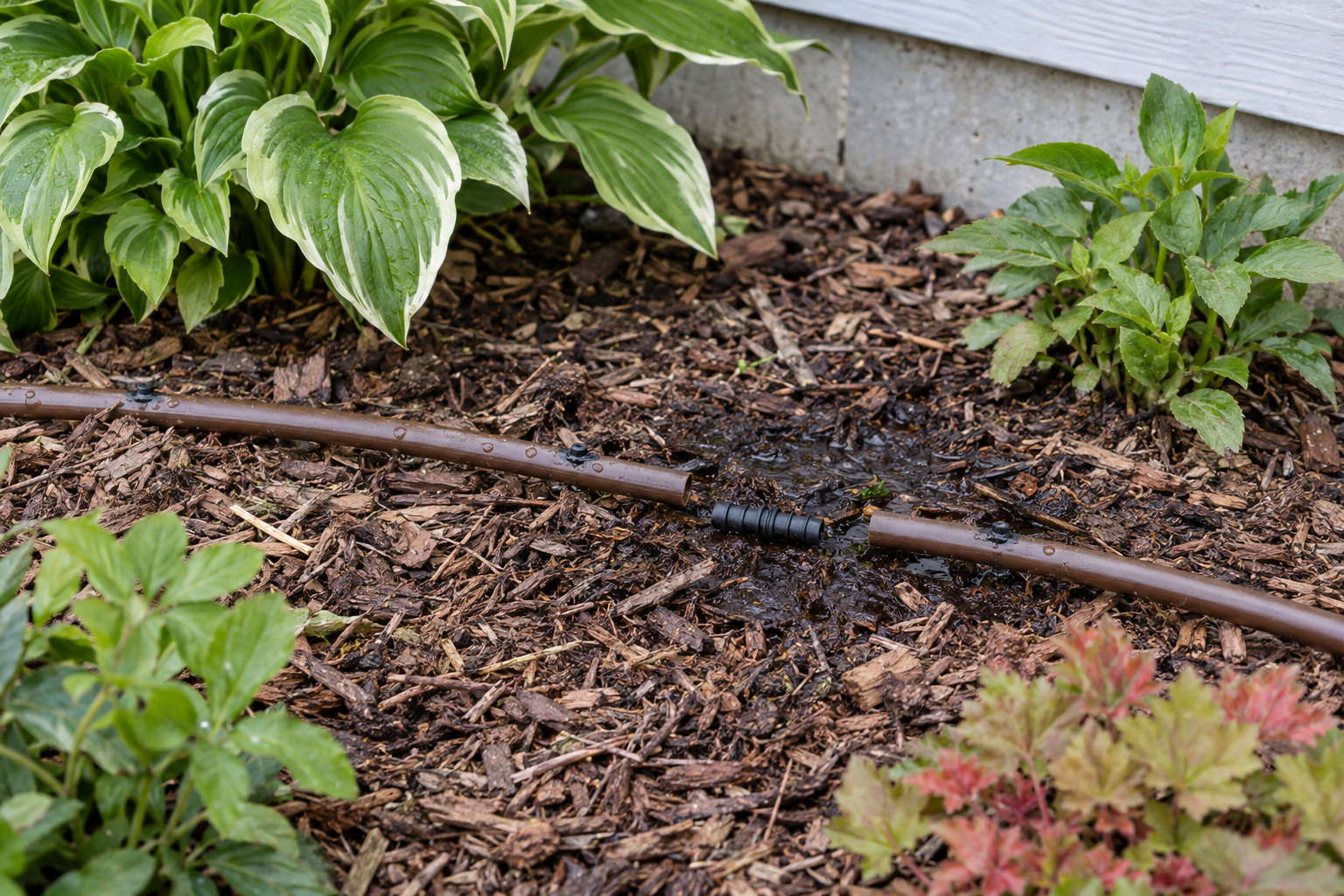 Drip tubing and a barbed coupling in a mulched perennial bed
