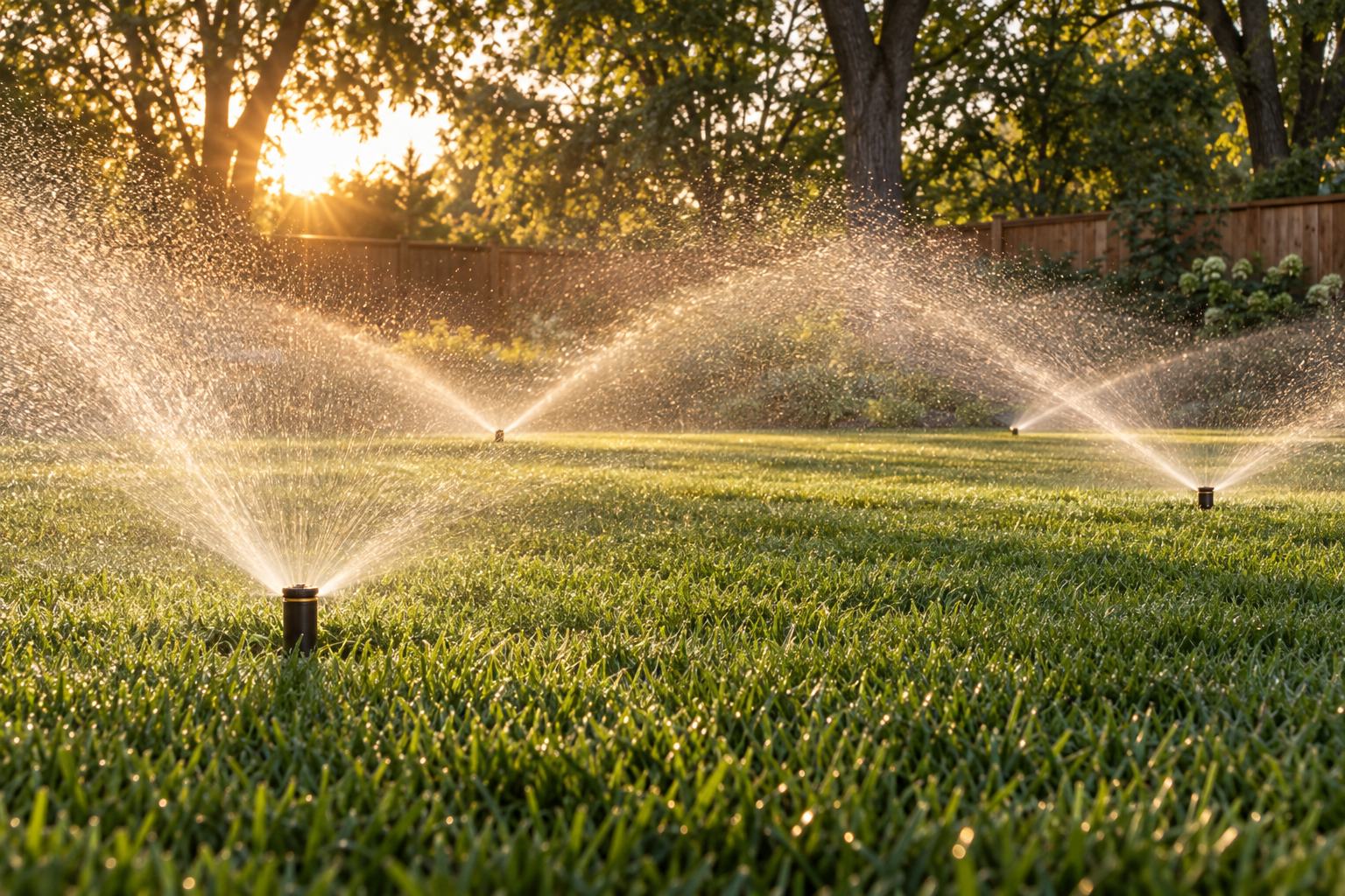 Several spray heads running at once across a back lawn at golden hour