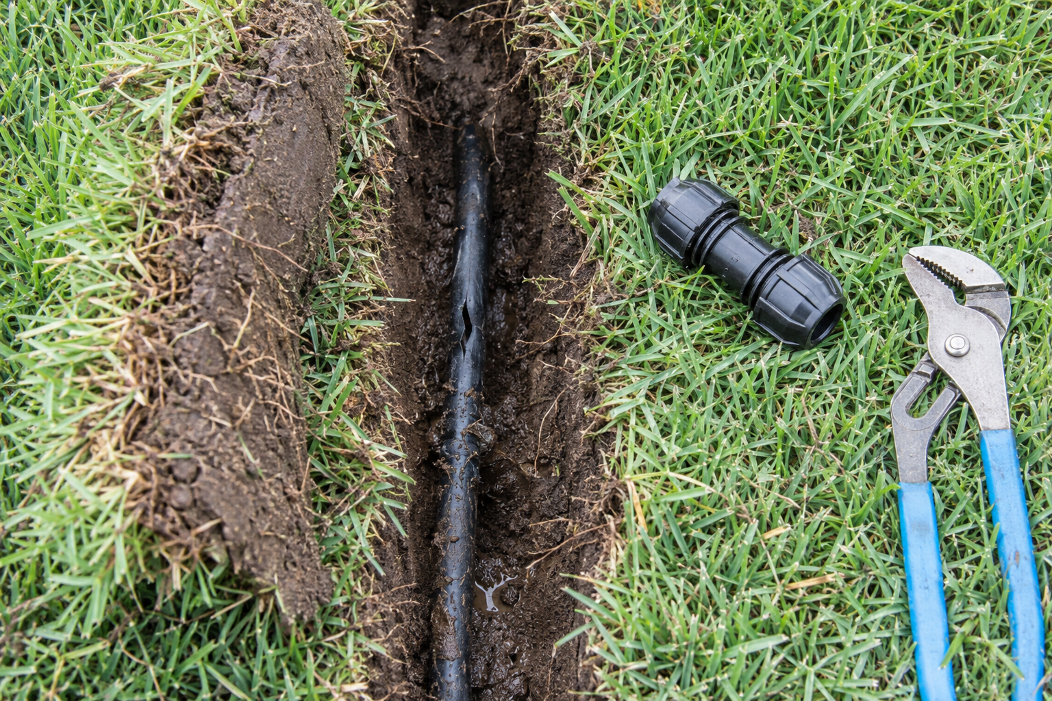 A hand-dug trench exposing a split poly irrigation line beside a new slip coupling