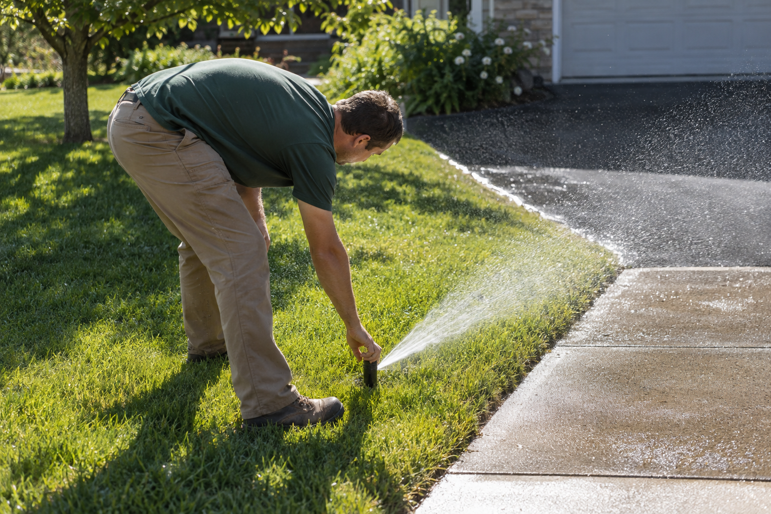 A worker realigning a running spray head away from a concrete walk in midday sun