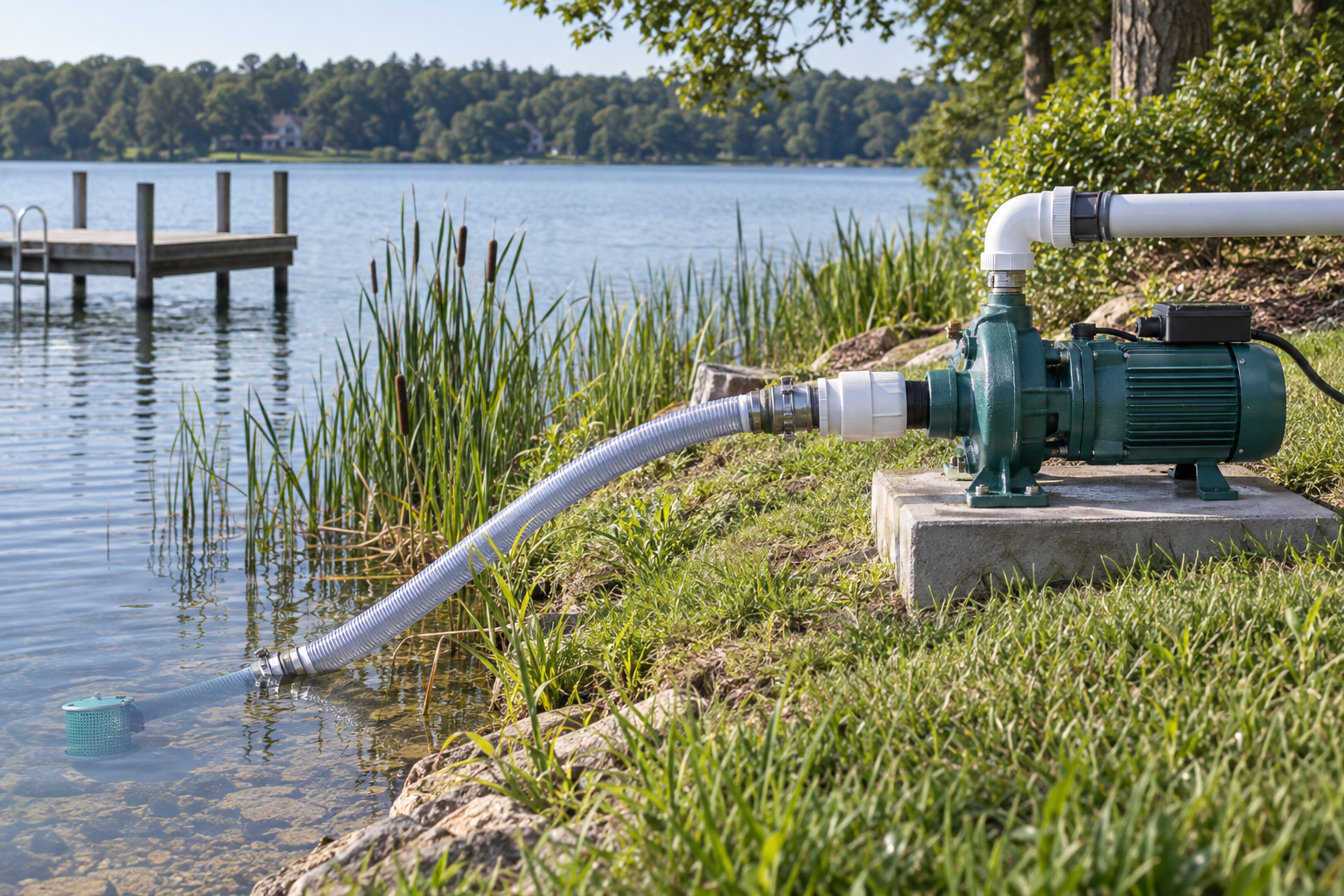 An irrigation pump on a concrete pad with its intake line running down to a lake shore