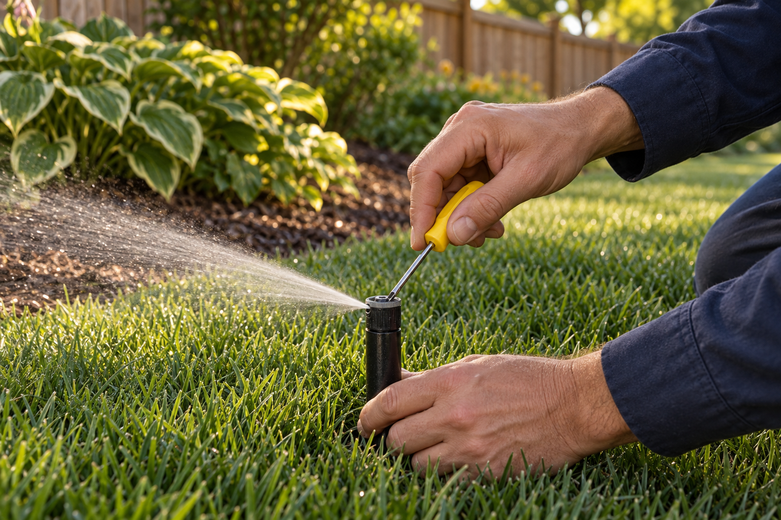 sprinkler repair on a pop-up head in a Maplewood lawn