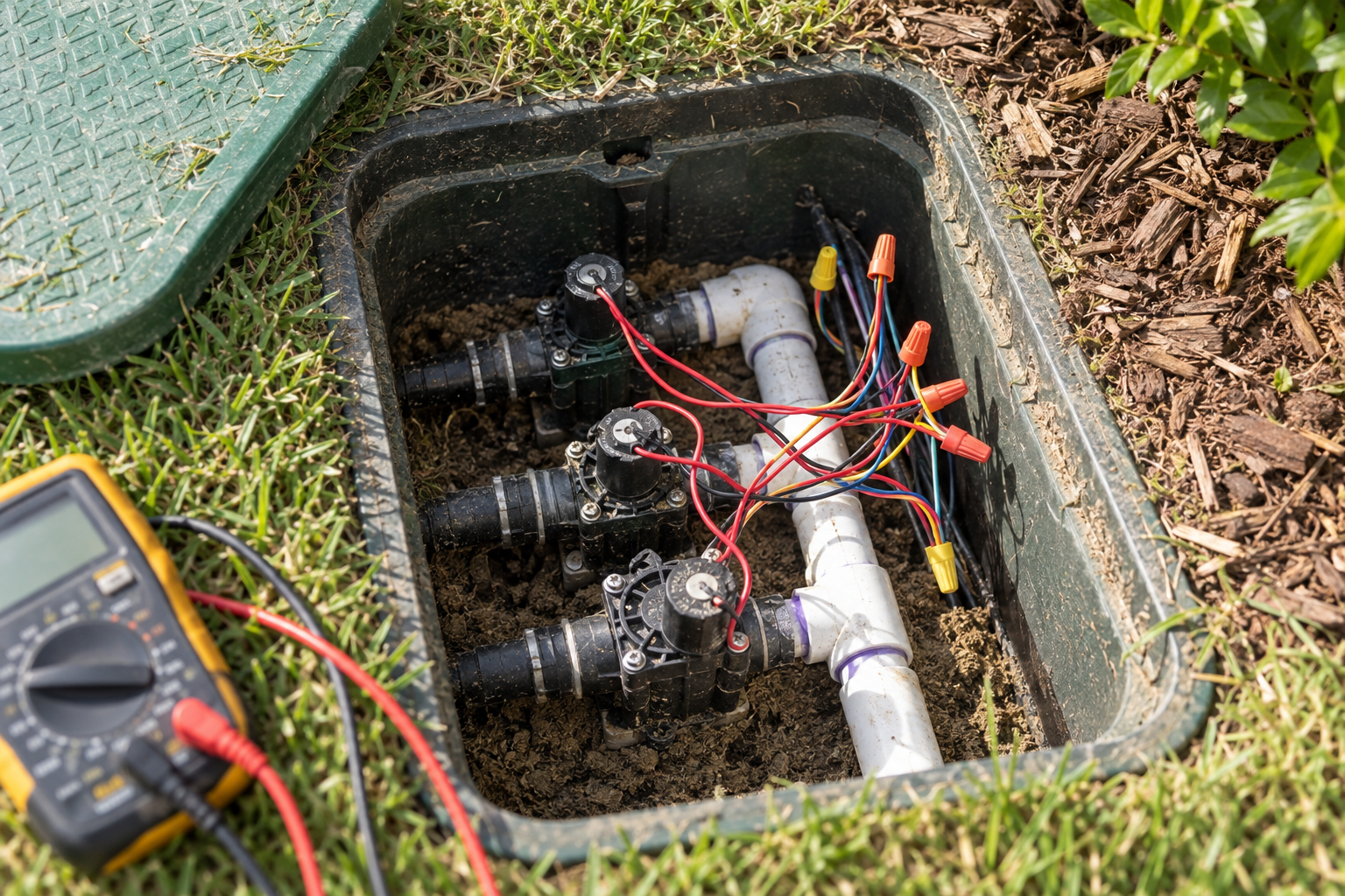 An open valve box showing zone valves, solenoids and low-voltage wiring
