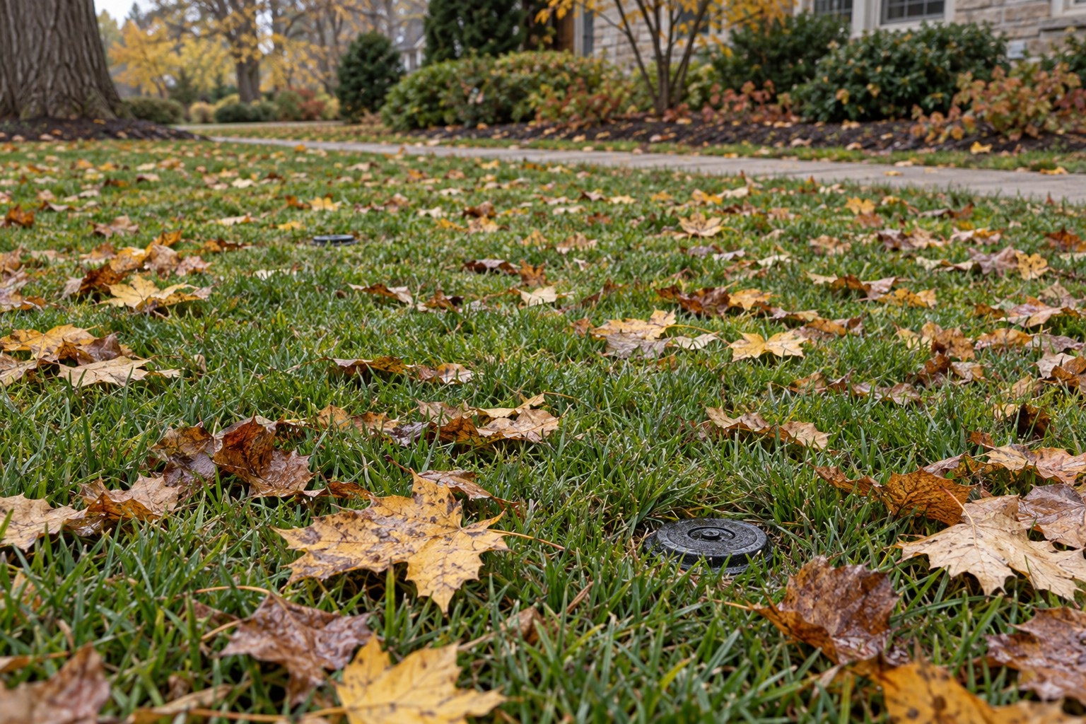 Pop-up sprinkler heads sitting flush in a front lawn scattered with fallen autumn leaves