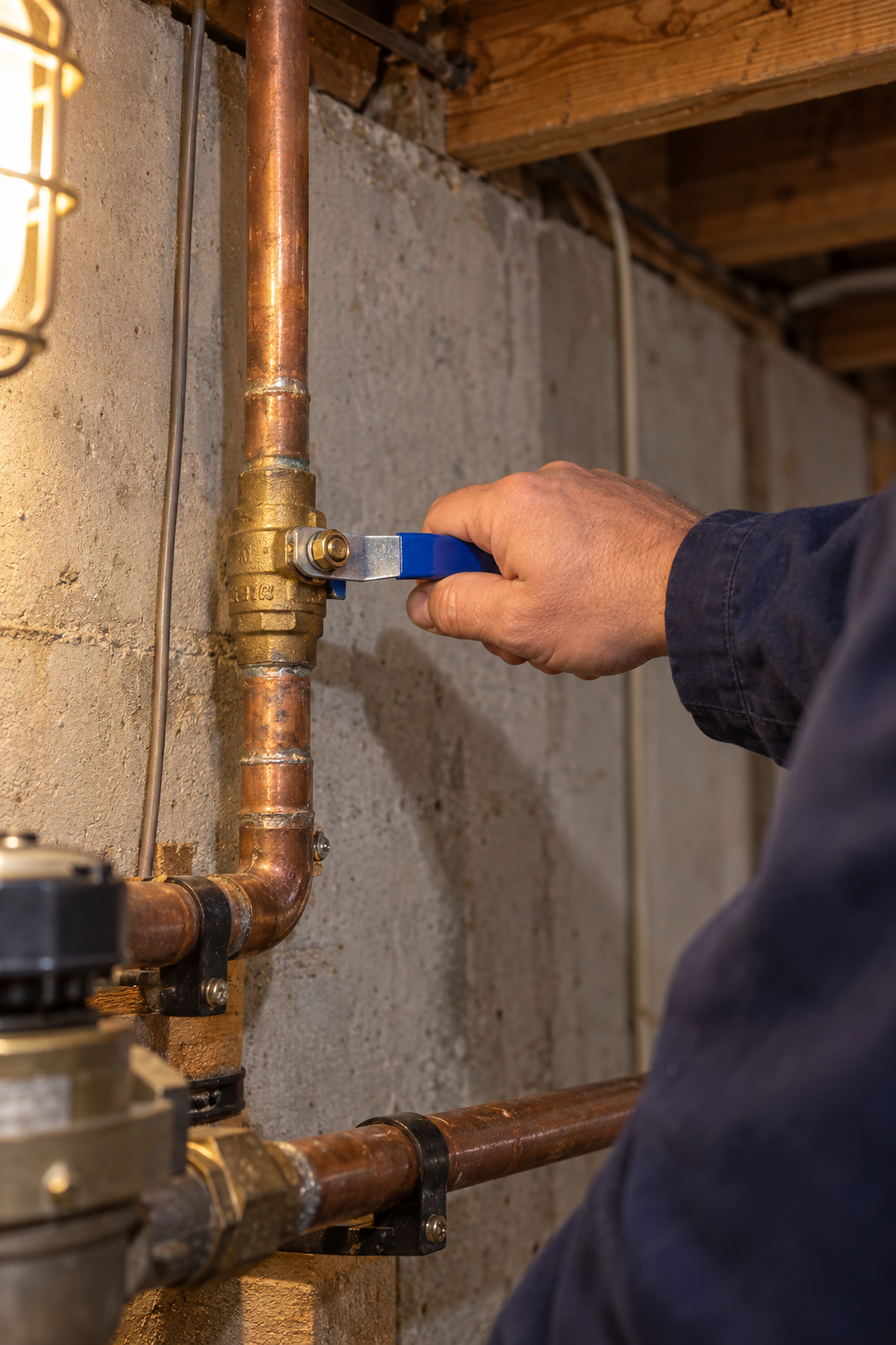 A hand opening the irrigation shut-off valve on a copper water line in a basement