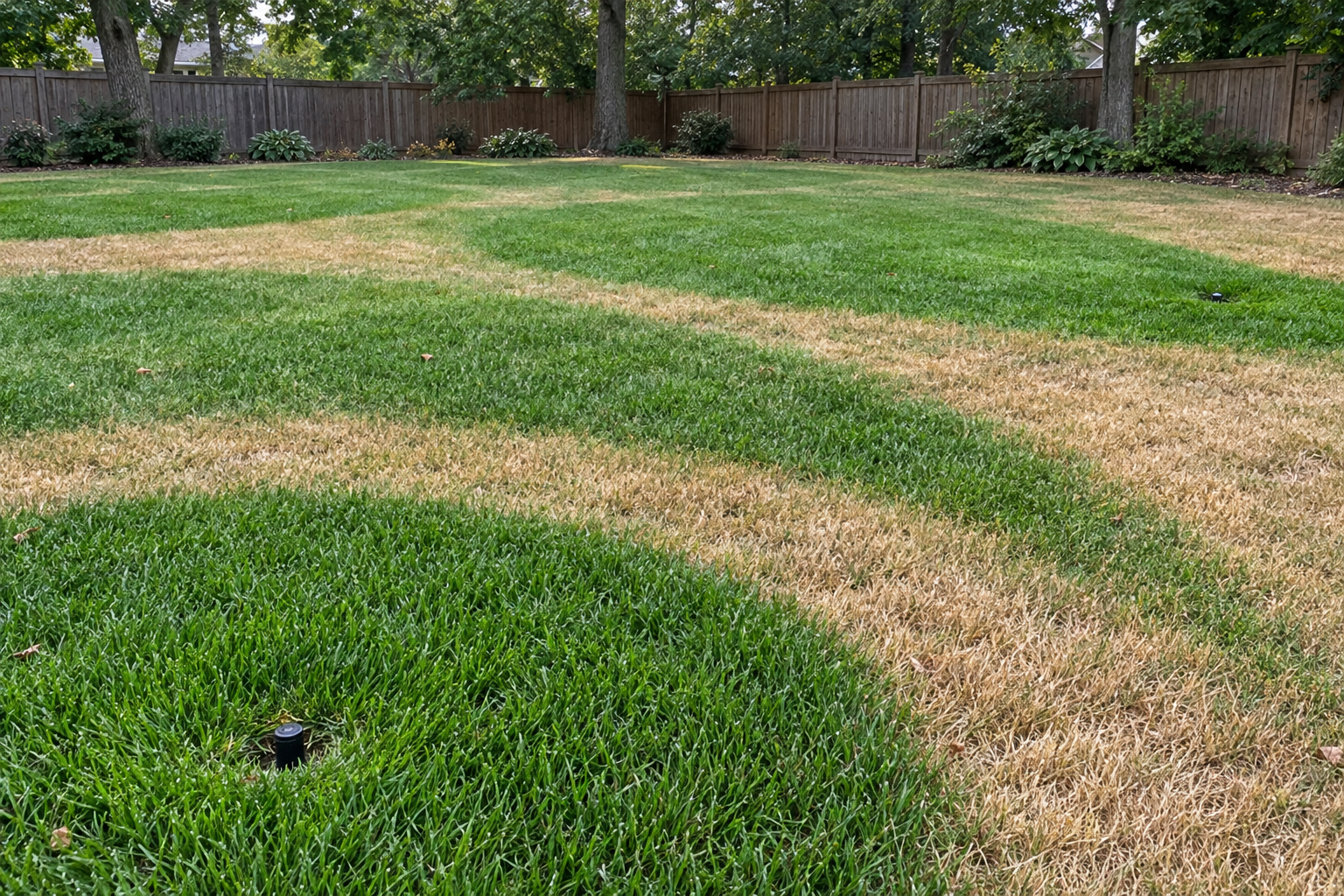 A lawn with green arcs where sprinkler spray reaches and dry brown bands where it does not
