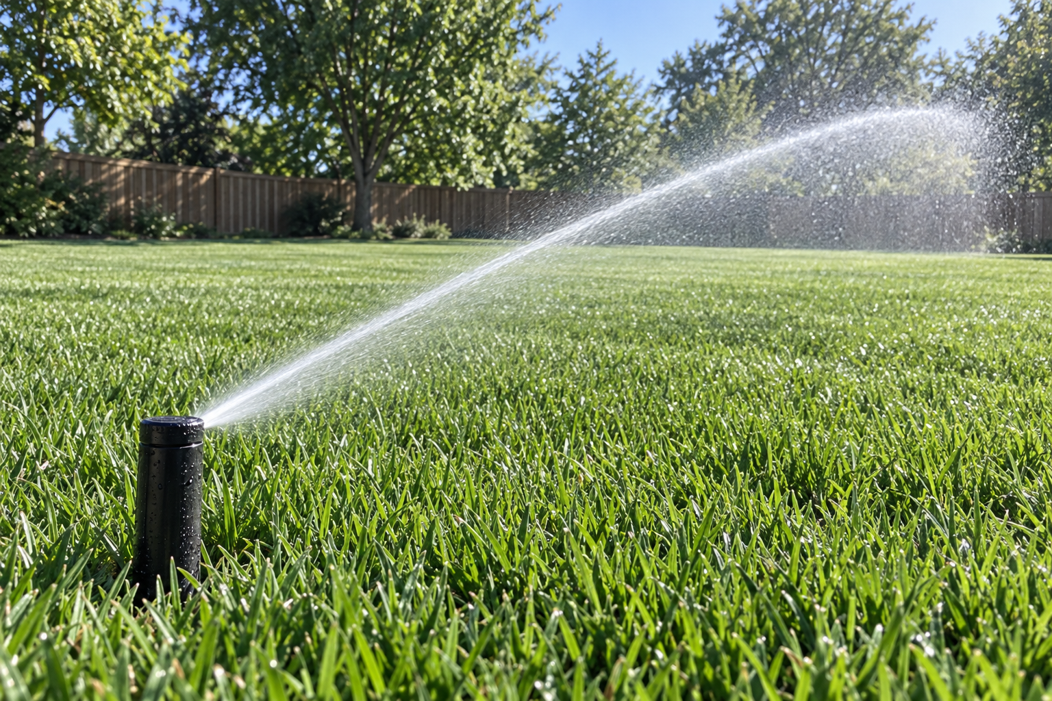 A rotor sprinkler head throwing a long stream across a wide open lawn