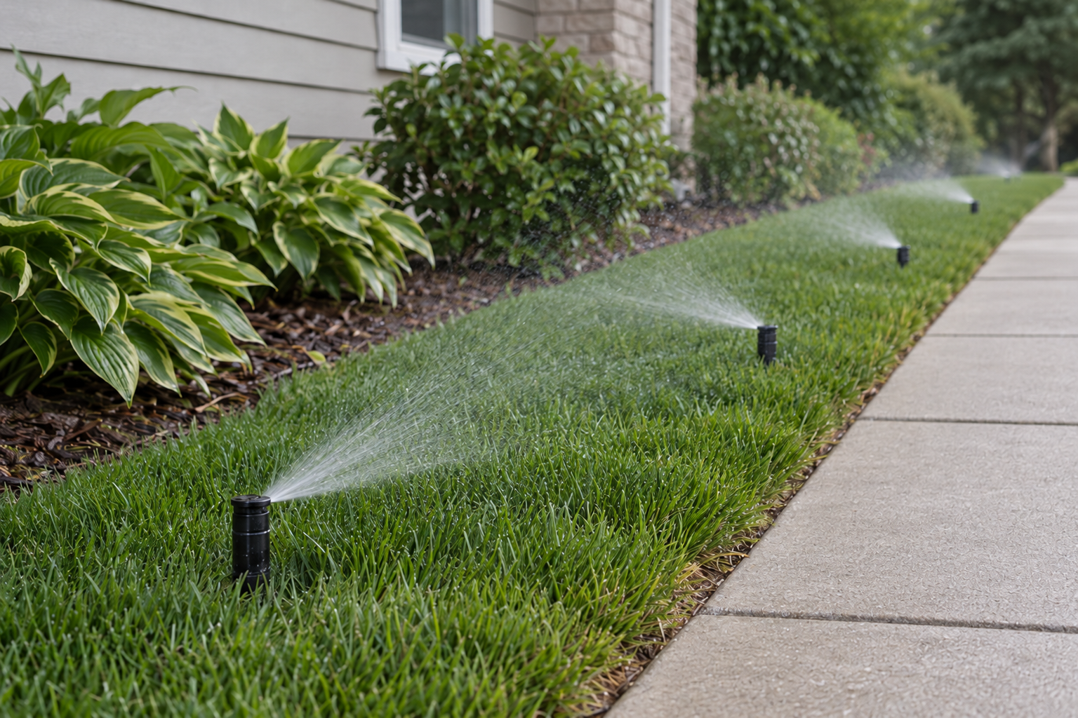 A row of pop-up spray heads fanning water over a narrow strip of lawn beside a walk