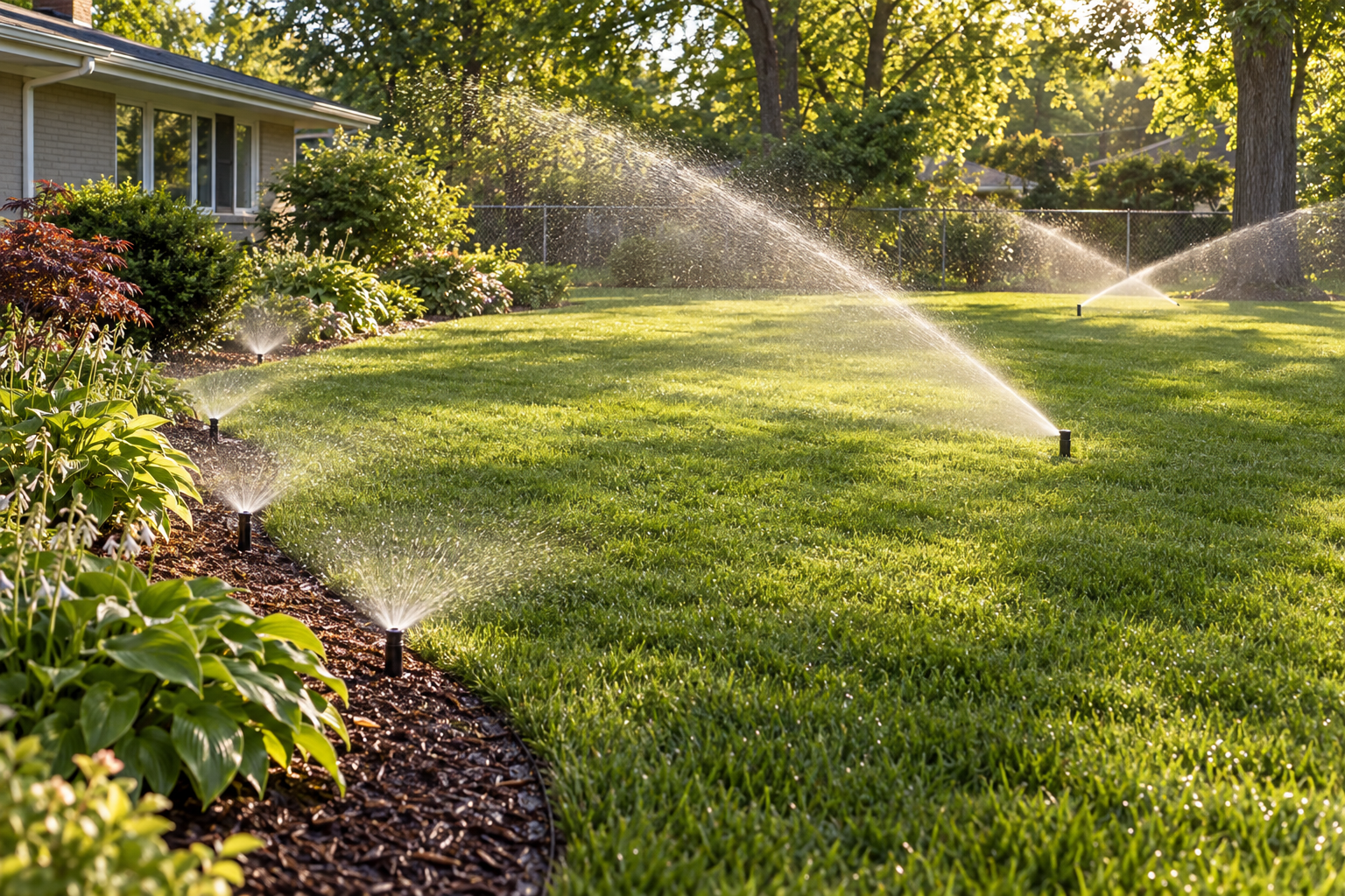 Rotors watering the open middle of a back lawn while spray heads fan along the edge of a planting bed