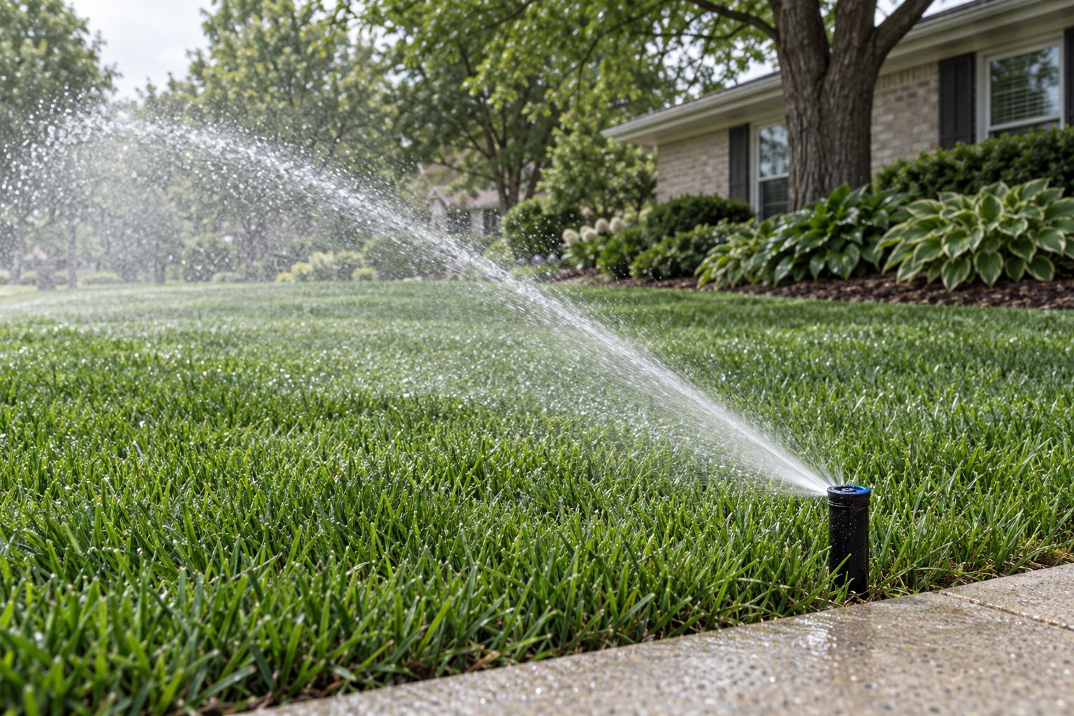 A sprinkler rotor throwing a long stream of water across a wide front lawn under an overcast sky
