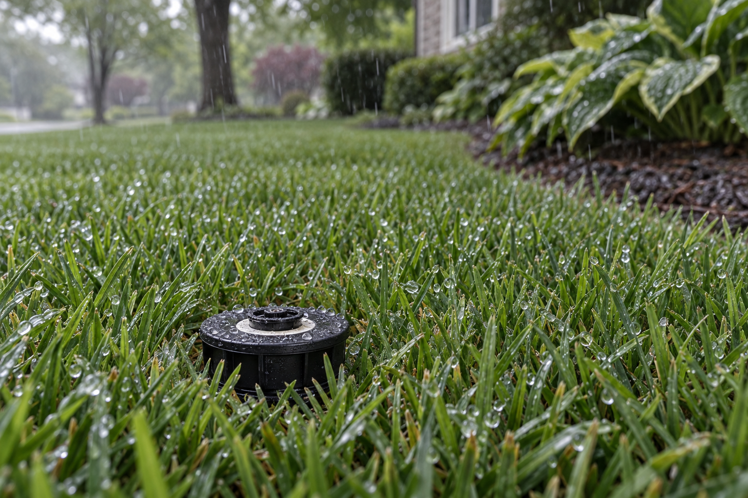 A retracted pop-up spray head sitting idle in a wet lawn during a light rain