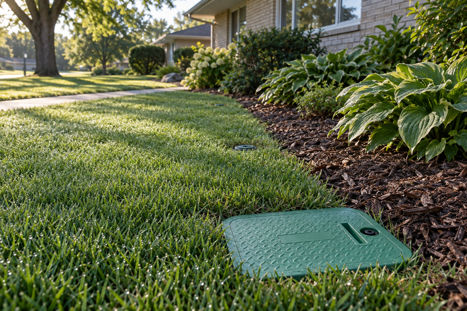 Pop-up sprinkler heads sitting flush in a dewy front lawn beside a green valve box lid
