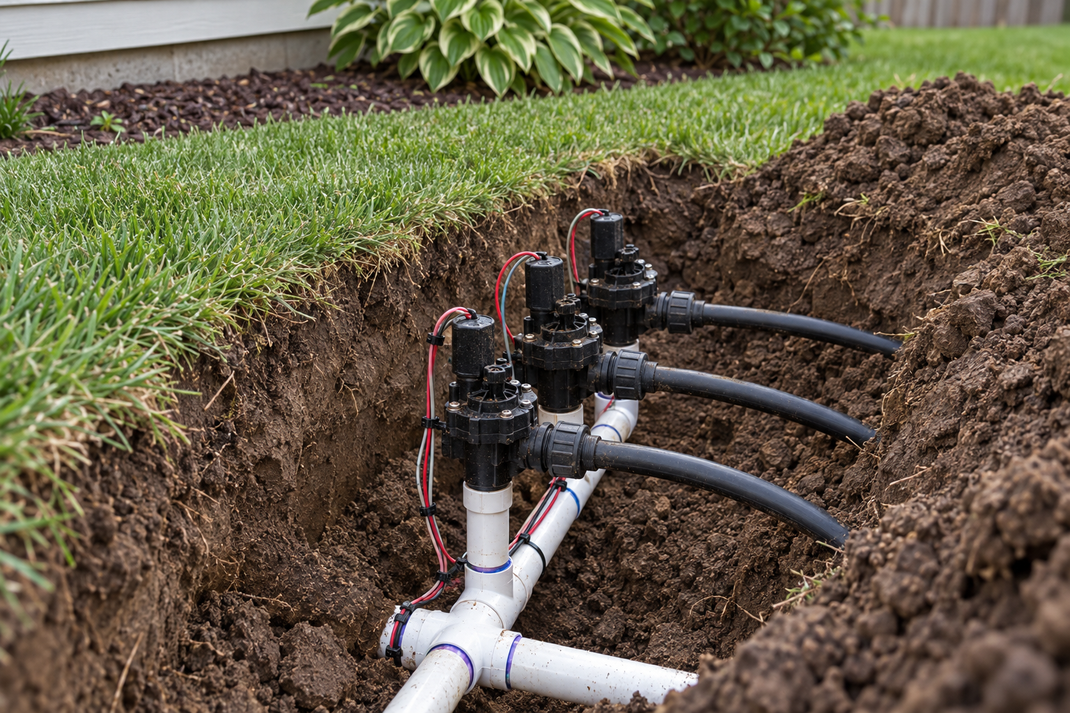 A sprinkler valve manifold teed off a mainline pipe, exposed in an open trench in a lawn