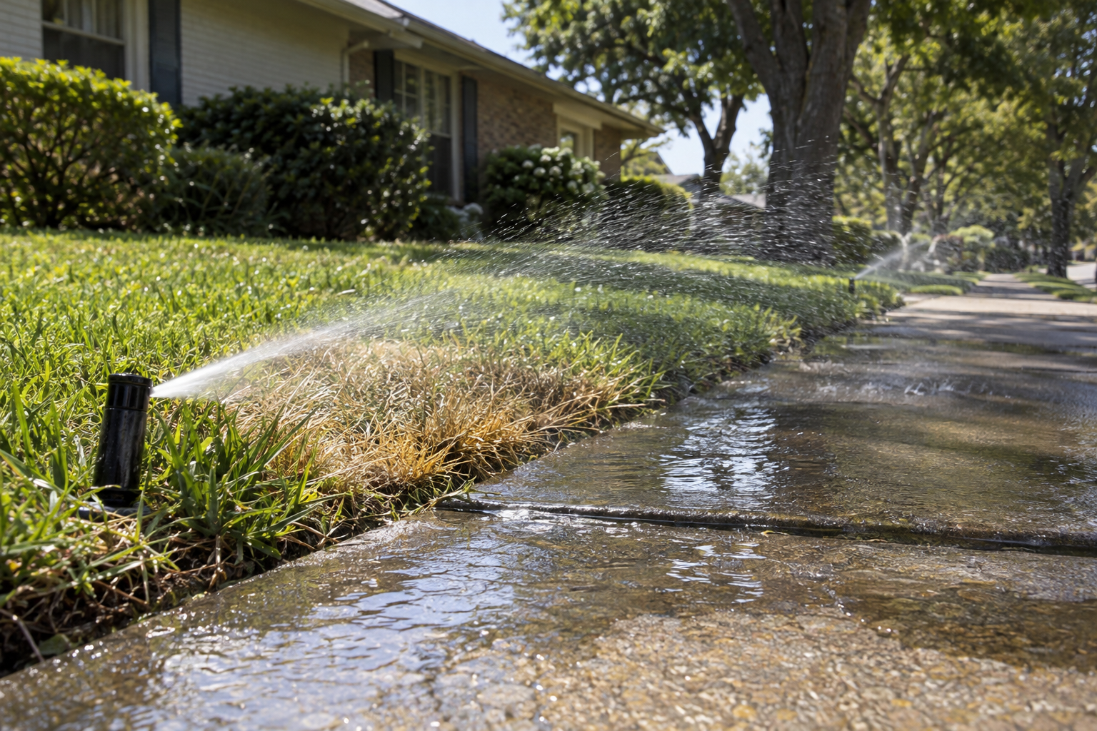 A spray head knocked off its aim watering a concrete sidewalk beside a dry patch of lawn