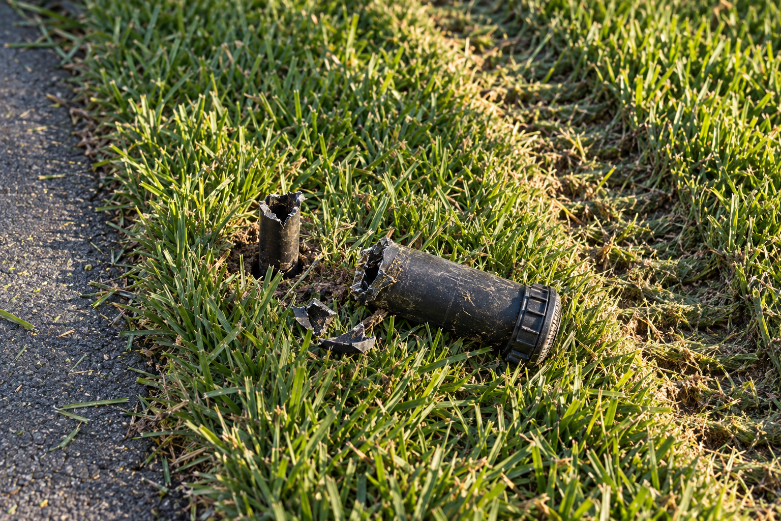 A pop-up spray head snapped off at its riser beside a mower track in the lawn