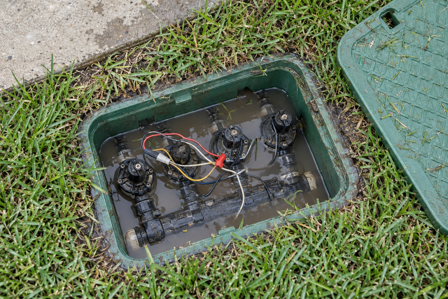 An open sprinkler valve box with muddy water standing over the zone valves