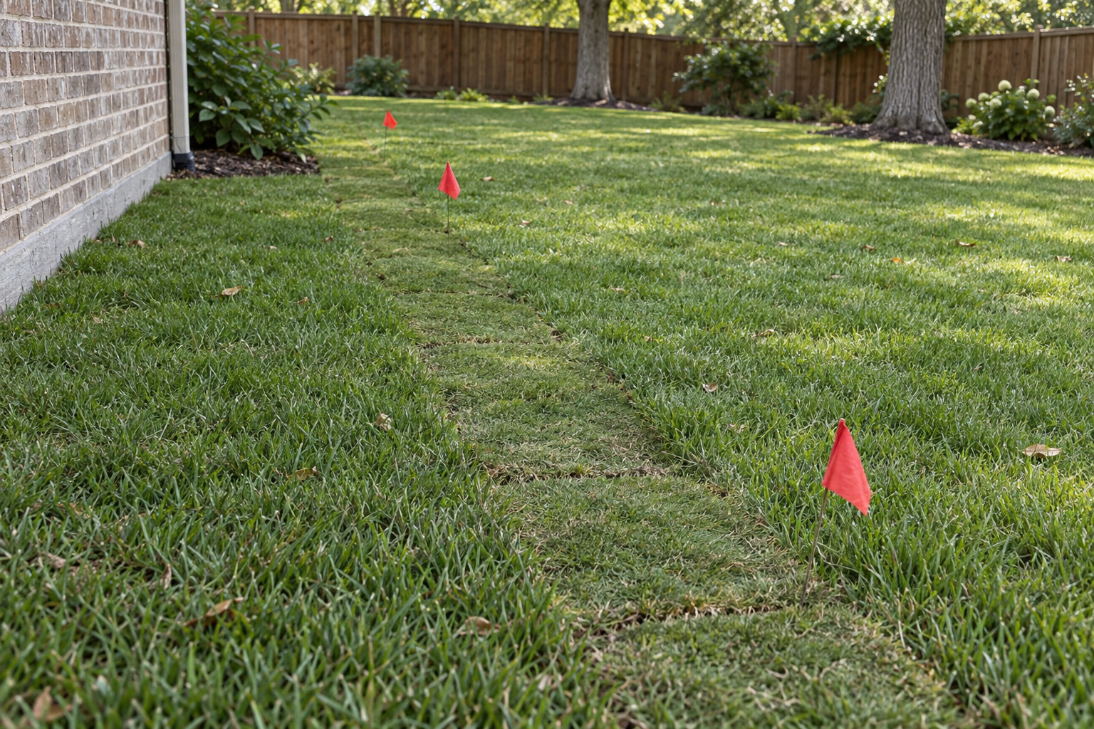 Fresh sod seams along a repaired sprinkler line in a lawn, marked with small flags