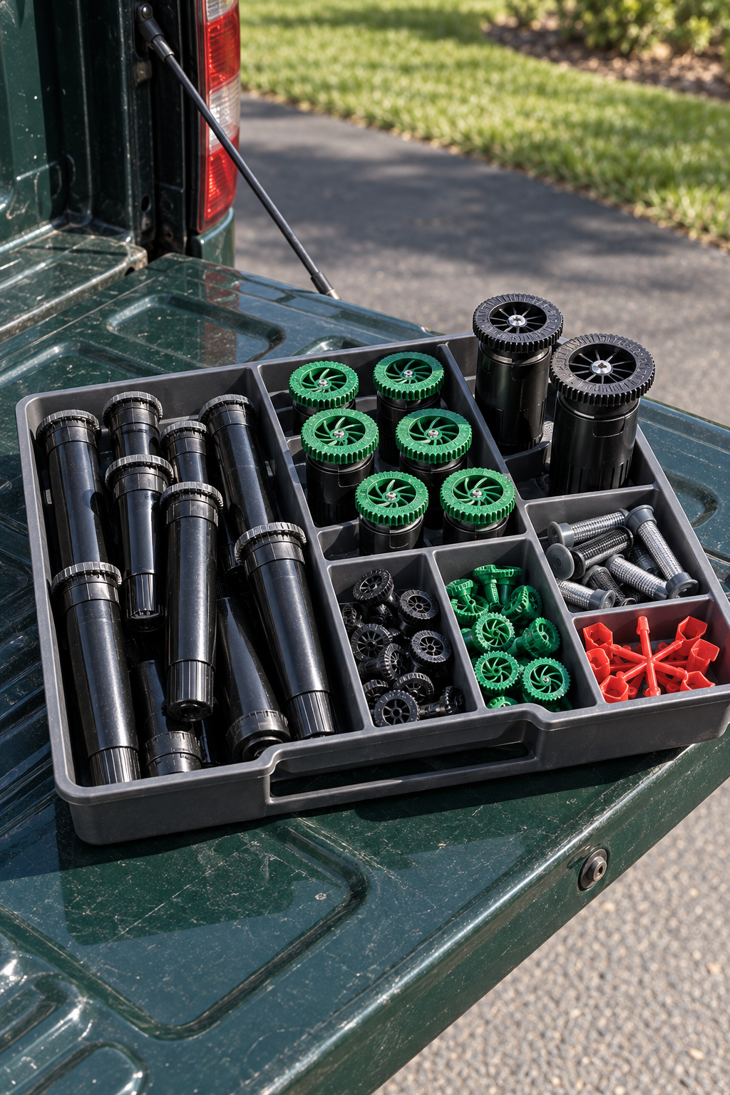 A tray of replacement sprinkler heads and nozzles on a pickup tailgate