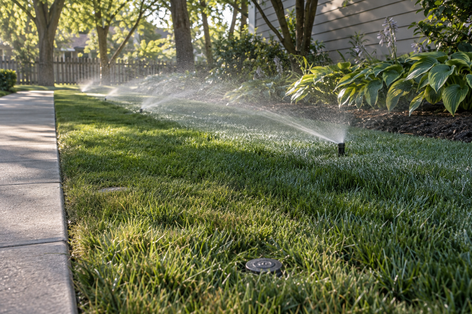 One row of pop-up spray heads watering a strip of lawn while the heads of the next zone sit down and dry