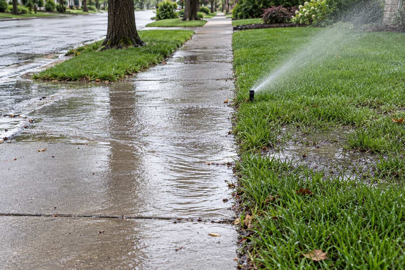 Sprinkler water running off a soaked lawn onto a concrete walk