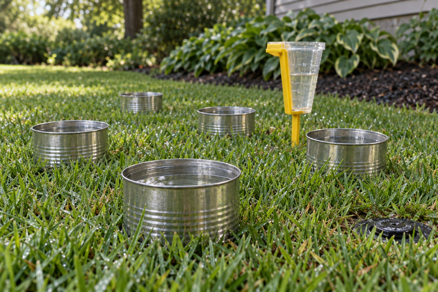 Empty cans and a rain gauge set out on a lawn to measure how much water a sprinkler zone puts down